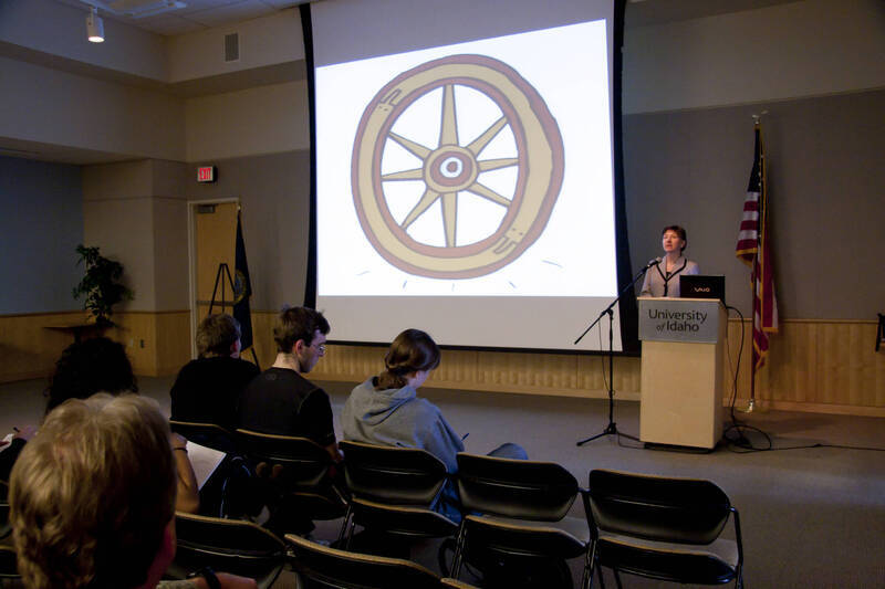 Photograph  5 of Nancy Chaney's Colloquium Talk 'Adventures of time and space travel aboard an amazing machine: The wheel as political metaphor..' Nancy Chaney is an alumnus of University of Idaho and Mayor of Moscow. Pictured: Nancy Chaney.