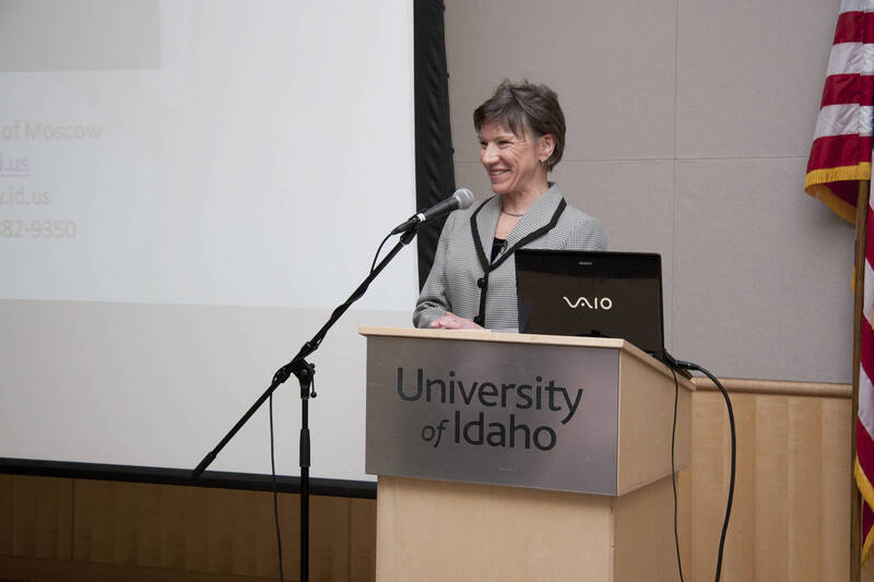 Photograph  10 of Nancy Chaney's Colloquium Talk 'Adventures of time and space travel aboard an amazing machine: The wheel as political metaphor..' Nancy Chaney is an alumnus of University of Idaho and Mayor of Moscow. Pictured: Nancy Chaney.