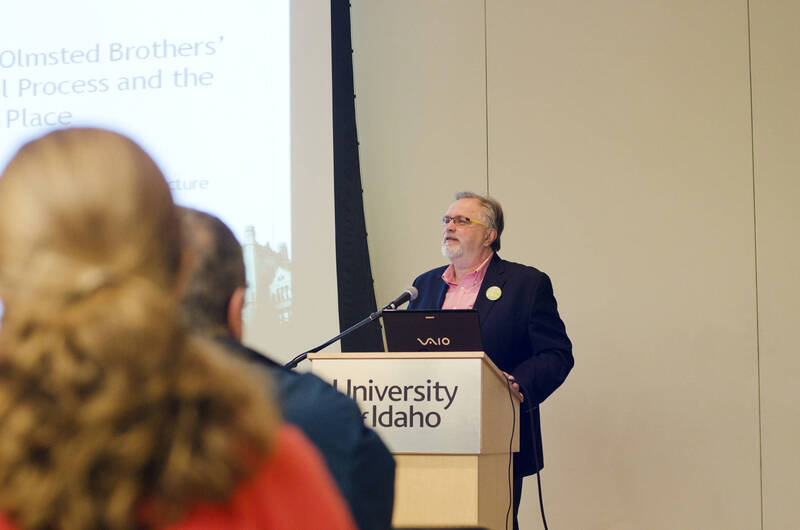 Photograph 2 of Stephen Drown's Colloquium Talk 'The University of Idaho Olmsted Brothers' Master Plan: Historical Process and the Creation of Place.' Stephen Drown is Chair and Professor of Landscape Architecture. Pictured: Stephen Drown.