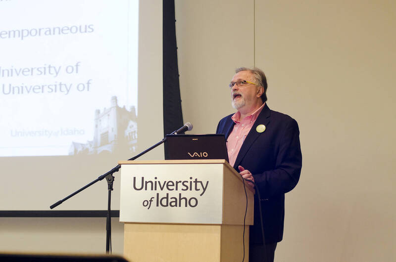Photograph 3 of Stephen Drown's Colloquium Talk 'The University of Idaho Olmsted Brothers' Master Plan: Historical Process and the Creation of Place.' Stephen Drown is Chair and Professor of Landscape Architecture. Pictured: Stephen Drown.