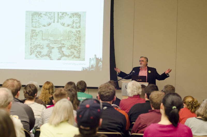 Photograph 5 of Stephen Drown's Colloquium Talk 'The University of Idaho Olmsted Brothers' Master Plan: Historical Process and the Creation of Place.' Stephen Drown is Chair and Professor of Landscape Architecture. Pictured: Stephen Drown.