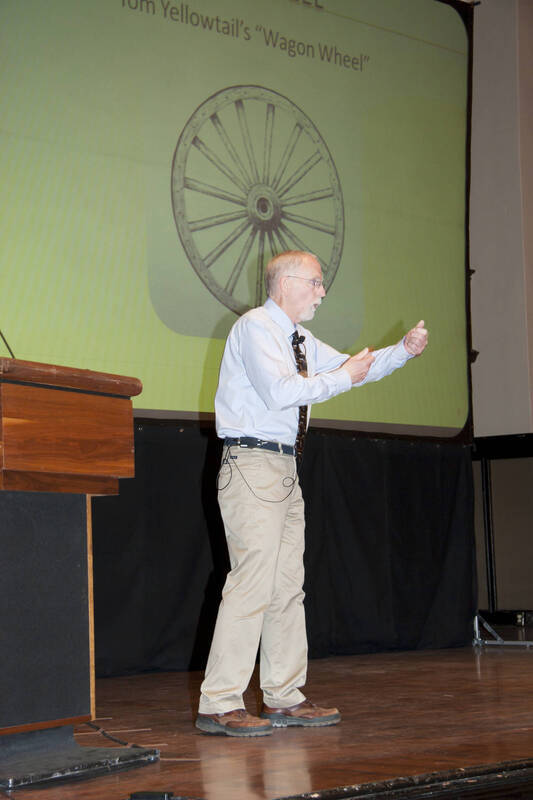Photograph  9 of Rodney Frey's Keynote Address 'Turning of the Wheel: Meeting the Challenges and Charting - Creating the World with Spokes and a Hub.' Rodney Frey is Professor of Ethnography and Distinguished Humanities Professor. Pictured: Rodney Frey, Administration Auditorium, UI Moscow.