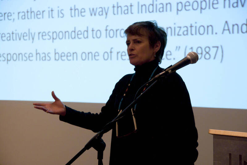 Photograph  1 of Janis Johnson's Colloquium Talk 'This Is the Sound of Survivance: Nez Perce Indians Playing Jazz.' Janis Johnson is Assistant Professor English. Pictured: Janis Johnson.