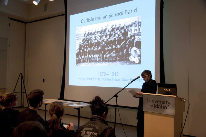Photograph  3 of Janis Johnson's Colloquium Talk 'This Is the Sound of Survivance: Nez Perce Indians Playing Jazz.' Janis Johnson is Assistant Professor English. Pictured: Janis Johnson.