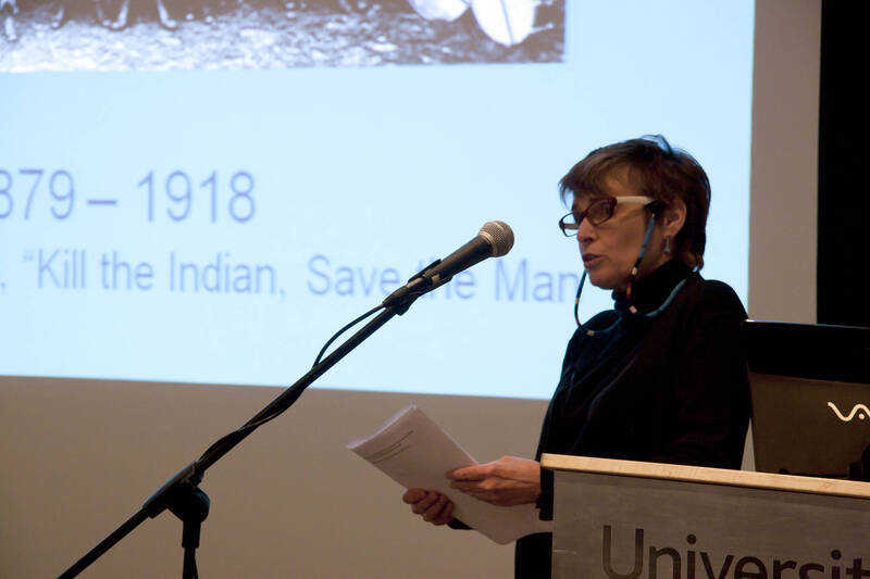 Photograph  4 of Janis Johnson's Colloquium Talk 'This Is the Sound of Survivance: Nez Perce Indians Playing Jazz.' Janis Johnson is Assistant Professor English. Pictured: Janis Johnson.