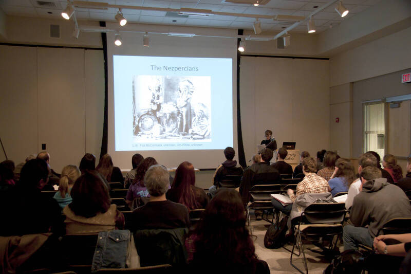 Photograph  6 of Janis Johnson's Colloquium Talk 'This Is the Sound of Survivance: Nez Perce Indians Playing Jazz.' Janis Johnson is Assistant Professor English. Pictured: Janis Johnson and audience.