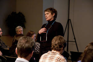 Photograph  12 of Janis Johnson's Colloquium Talk 'This Is the Sound of Survivance: Nez Perce Indians Playing Jazz.' Janis Johnson is Assistant Professor English. Pictured: Janis Johnson.