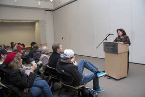 Photograph  2 of Carmen Suarez's Colloquium Talk 'Un Testimonio:  Quien Soy Yo?  Who Am I? - A Chicago-born Latina's Path to Ethnic Identity and Activism.' Carmen Suarez is Director, Office of Human Rights, Access and Inclusion. Pictured: Carmen Suarez.