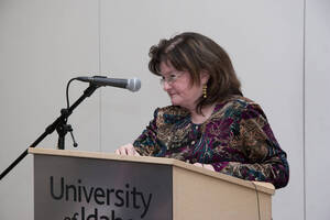 Photograph  3 of Carmen Suarez's Colloquium Talk 'Un Testimonio: Quien Soy Yo?  Who Am I? - A Chicago-born Latina's Path to Ethnic Identity and Activism. Pictured: Carmen Suarez.