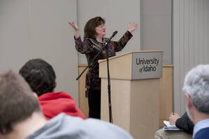 Photograph  5 of Carmen Suarez's Colloquium Talk 'Un Testimonio:  Quien Soy Yo?  Who Am I? - A Chicago-born Latina's Path to Ethnic Identity and Activism.' Carmen Suarez is Director, Office of Human Rights, Access and Inclusion. Pictured: Carmen Suarez.