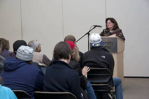 Photograph  6 of Carmen Suarez's Colloquium Talk 'Un Testimonio:  Quien Soy Yo?  Who Am I? - A Chicago-born Latina's Path to Ethnic Identity and Activism.' Carmen Suarez is Director, Office of Human Rights, Access and Inclusion. Pictured: Carmen Suarez.