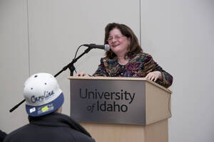 Photograph  7 of Carmen Suarez's Colloquium Talk 'Un Testimonio:  Quien Soy Yo?  Who Am I? - A Chicago-born Latina's Path to Ethnic Identity and Activism.' Carmen Suarez is Director, Office of Human Rights, Access and Inclusion. Pictured: Carmen Suarez.