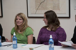 Photograph  4 of Brandon Schrand and MFA Creative Writing Students' Essay Reading 'The Unique and Universal in the Personal Essay: Graduate Student Readings.'  Brandon Schrand is an Assistant Professor of English. Pictured L to R: Cara Stoddard, Ann Stebner Steele in University of Idaho Prichard Gallery.