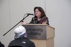 Photograph  8 of Carmen Suarez's Colloquium Talk 'Un Testimonio:  Quien Soy Yo?  Who Am I? - A Chicago-born Latina's Path to Ethnic Identity and Activism.' Carmen Suarez is Director, Office of Human Rights, Access and Inclusion. Pictured: Carmen Suarez.
