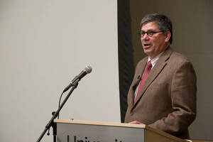 Photograph  2 of Mark Trahant's Colloquium Talk 'The full spectrum in a wheel: Less, more and the opposite spoke.' Mark Trahant is Editor-in-Residence for the School of Journalism and Mass Media and a member of Idaho's Shoshone-Bannock Tribe. Pictured: Mark Trahant.