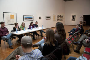 Photograph  5 of Brandon Schrand and MFA Creative Writing Students' Essay Reading 'The Unique and Universal in the Personal Essay: Graduate Student Readings.'  Brandon Schrand is an Assistant Professor of English. Pictured L to R: Aaron Poor, Jamaica Ritcher, Cara Stoddard, Ann Stebner Steele, Brandon Schrand, and audience in University of Idaho Prichard Gallery.