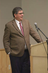 Photograph  11 of Mark Trahant's Colloquium Talk 'The full spectrum in a wheel: Less, more and the opposite spoke.' Mark Trahant is Editor-in-Residence for the School of Journalism and Mass Media and a member of Idaho's Shoshone-Bannock Tribe. Pictured: Mark Trahant.