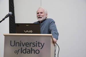 Photograph  1 of Bill Voxman's Colloquium Talk and Gallery Exhibition 'Communicating Communication through Black and White Photography: Connecting the Diverse with the Shared in Common.' Bill Voxman is Photographer and Professor Emeritus of Mathematics. Voxman's photographs were displayed in the UI Commons Reflections Gallery from January 9 to 27, 2012. Pictured: Bill Voxman.