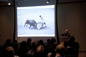 Photograph  8 of Bill Voxman's Colloquium Talk and Gallery Exhibition 'Communicating Communication through Black and White Photography: Connecting the Diverse with the Shared in Common.' Bill Voxman is Photographer and Professor Emeritus of Mathematics. Voxman's photographs were displayed in the UI Commons Reflections Gallery from January 9 to 27, 2012. Pictured: Bill Voxman.