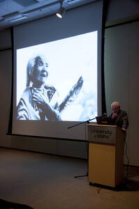Photograph  10 of Bill Voxman's Colloquium Talk and Gallery Exhibition 'Communicating Communication through Black and White Photography: Connecting the Diverse with the Shared in Common.' Bill Voxman is Photographer and Professor Emeritus of Mathematics. Voxman's photographs were displayed in the UI Commons Reflections Gallery from January 9 to 27, 2012. Pictured: Bill Voxman.