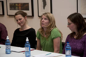 Photograph  7 of Brandon Schrand and MFA Creative Writing Students' Essay Reading 'The Unique and Universal in the Personal Essay: Graduate Student Readings.'  Brandon Schrand is an Assistant Professor of English. Pictured L to R: Jamaica Ritcher, Cara Stoddard, Ann Stebner Steele in University of Idaho Prichard Gallery.