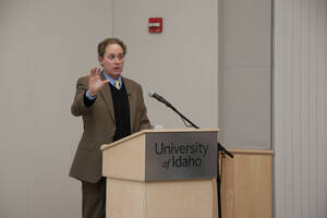 Photograph  9 of David Adler's Colloquium Talk 'Governing in an Era of Crisis: The Rule of Law and Emergency Powers.' David Adler is James A. McClure Professor and Director, McClure Center for Public Policy Research. Pictured: David Adler.