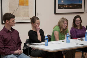 Photograph  8 of Brandon Schrand and MFA Creative Writing Students' Essay Reading 'The Unique and Universal in the Personal Essay: Graduate Student Readings.'  Brandon Schrand is an Assistant Professor of English. Pictured L to R: Aaron Poor, Jamaica Ritcher, Cara Stoddard, Ann Stebner Steele in University of Idaho Prichard Gallery.