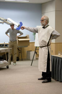 Photograph  29 of Dan Edwards's Colloquium Talk 'The Unique vs. The Universal: the Final Round.' Dan Edwards is Associate Professor of Physical Chemistry. Pictured: Dan Edwards and student assistant.