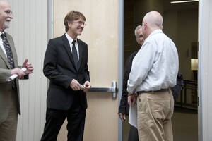 Photograph  1 of Michael O'Rourke's Colloquium Talk 'Better Living through Philosophy: Ways of Knowing and the Search for Common Ground.' Michael O'Rourke is Professor of Philosophy and faculty in Neuroscience and Environmental Science. Pictured: Michael O'Rourke (center).