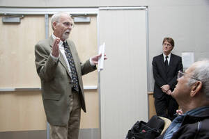 Photograph  2 of Michael O'Rourke's Colloquium Talk 'Better Living through Philosophy: Ways of Knowing and the Search for Common Ground.' Michael O'Rourke is Professor of Philosophy and faculty in Neuroscience and Environmental Science. Pictured: Rodney Frey introduces Michael O'Rourke.
