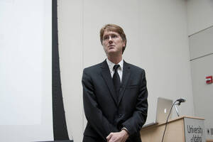 Photograph  3 of Michael O'Rourke's Colloquium Talk 'Better Living through Philosophy: Ways of Knowing and the Search for Common Ground.' Michael O'Rourke is Professor of Philosophy and faculty in Neuroscience and Environmental Science. Pictured: Michael O'Rourke.