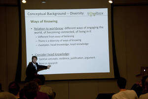 Photograph  7 of Michael O'Rourke's Colloquium Talk 'Better Living through Philosophy: Ways of Knowing and the Search for Common Ground.' Michael O'Rourke is Professor of Philosophy and faculty in Neuroscience and Environmental Science. Pictured: Michael O'Rourke.