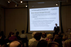 Photograph  9 of Michael O'Rourke's Colloquium Talk 'Better Living through Philosophy: Ways of Knowing and the Search for Common Ground.' Michael O'Rourke is Professor of Philosophy and faculty in Neuroscience and Environmental Science. Pictured: Michael O'Rourke.