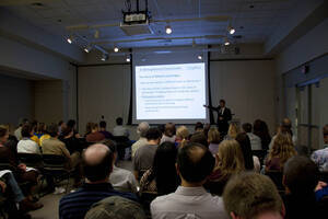 Photograph  10 of Michael O'Rourke's Colloquium Talk 'Better Living through Philosophy: Ways of Knowing and the Search for Common Ground.' Michael O'Rourke is Professor of Philosophy and faculty in Neuroscience and Environmental Science. Pictured: Michael O'Rourke.