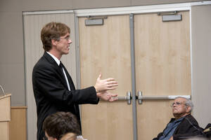 Photograph  11 of Michael O'Rourke's Colloquium Talk 'Better Living through Philosophy: Ways of Knowing and the Search for Common Ground.' Michael O'Rourke is Professor of Philosophy and faculty in Neuroscience and Environmental Science. Pictured: Michael O'Rourke.