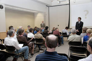 Photograph  13 of Michael O'Rourke's Colloquium Talk 'Better Living through Philosophy: Ways of Knowing and the Search for Common Ground.' Michael O'Rourke is Professor of Philosophy and faculty in Neuroscience and Environmental Science. Pictured: Michael O'Rourke listens to questions from the audience.