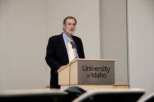 Photograph  5 of Marty Peterson's Colloquium Talk 'Reflections on Serving under Seven University of Idaho Presidents - Representing the University in all its Diversity and Universality.' Marty Peterson is Special Assistant to the President, Governmental Relations. Pictured: Marty Peterson.