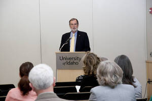 Photograph  6 of Marty Peterson's Colloquium Talk 'Reflections on Serving under Seven University of Idaho Presidents - Representing the University in all its Diversity and Universality.' Marty Peterson is Special Assistant to the President, Governmental Relations. Pictured: Marty Peterson.