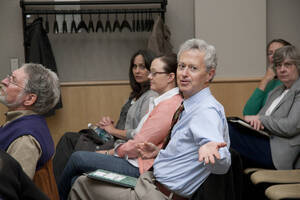 Photograph  8 of Marty Peterson's Colloquium Talk 'Reflections on Serving under Seven University of Idaho Presidents - Representing the University in all its Diversity and Universality.' Marty Peterson is Special Assistant to the President, Governmental Relations. Pictured: Kenton Bird, Director and Associate Professor in the School of Journalism and Mass Media, makes a comment after Marty Peterson's talk.