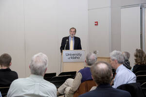 Photograph  9 of Marty Peterson's Colloquium Talk 'Reflections on Serving under Seven University of Idaho Presidents - Representing the University in all its Diversity and Universality.' Marty Peterson is Special Assistant to the President, Governmental Relations. Pictured: Marty Peterson.