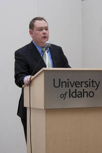 Photograph  1 of Brandon Schrand's Colloquium Talk 'Removing the Mask: The Personal Essay as an Epistemological Instrument in the Unique and the Universal.' Brandon Schrand is Assistant Professor of English. Pictured: Brandon Schrand.