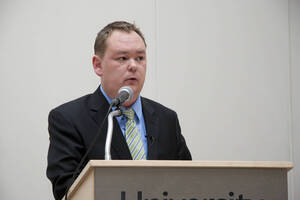 Photograph  3 of Brandon Schrand's Colloquium Talk 'Removing the Mask: The Personal Essay as an Epistemological Instrument in the Unique and the Universal.' Brandon Schrand is Assistant Professor of English. Pictured: Brandon Schrand.