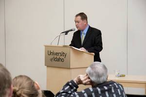Photograph  4 of Brandon Schrand's Colloquium Talk 'Removing the Mask: The Personal Essay as an Epistemological Instrument in the Unique and the Universal.' Brandon Schrand is Assistant Professor of English. Pictured: Brandon Schrand.