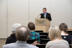 Photograph  6 of Brandon Schrand's Colloquium Talk 'Removing the Mask: The Personal Essay as an Epistemological Instrument in the Unique and the Universal.' Brandon Schrand is Assistant Professor of English. Pictured: Brandon Schrand.