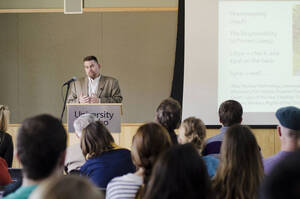 Photograph  7 of Bill Smith's Colloquium Talk 'The International Community Looks for...Community?.' Bill Smith is Director, Martin Institute and International Studies. Pictured: Bill Smith.