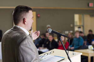 Photograph  13 of Bill Smith's Colloquium Talk 'The International Community Looks for...Community?.' Bill Smith is Director, Martin Institute and International Studies. Pictured: Bill Smith.