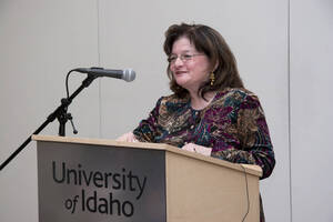 Photograph  1 of Carmen Suarez's Colloquium Talk 'Un Testimonio:  Quien Soy Yo?  Who Am I? - A Chicago-born Latina's Path to Ethnic Identity and Activism.' Carmen Suarez is Director, Office of Human Rights, Access and Inclusion. Pictured: Carmen Suarez.
