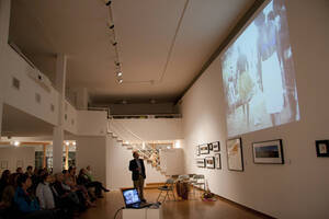 Photograph  20 of Barry Bilderback's Workshop and Performance 'Akwaaba and the Organization of Traditional Music and Dance in Ghanaian Culture.' Barry Bilderback is Assistant Professor of Music. Navin Chettri and World Beat were partners for the performance. Pictured: Barry Bilderback at UI Prichard Gallery.