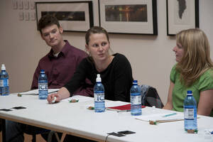 Photograph  13 of Brandon Schrand and MFA Creative Writing Students' Essay Reading 'The Unique and Universal in the Personal Essay: Graduate Student Readings.'  Brandon Schrand is an Assistant Professor of English. Pictured L to R: Aaron Poor, Jamaica Ritcher, Cara Stoddard,  in University of Idaho Prichard Gallery.