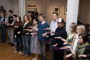 Photograph  23 of Barry Bilderback's Workshop and Performance 'Akwaaba and the Organization of Traditional Music and Dance in Ghanaian Culture.' Barry Bilderback is Assistant Professor of Music. Navin Chettri and World Beat were partners for the performance. Pictured: Audience participants at UI Prichard Gallery.